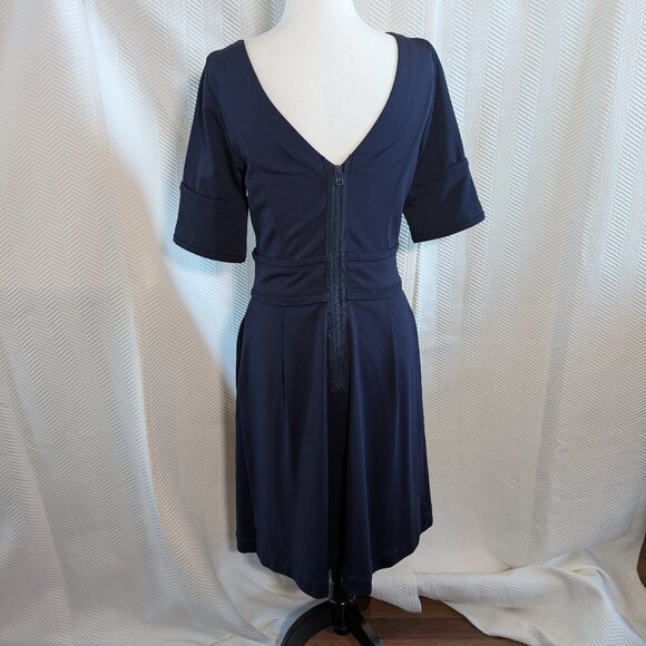 Pink Tartan Navy Stretch Sheath Dress Pockets Zip Back Size Small Tailored Fit - Picture 3 of 13
